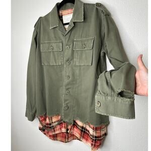 NWT Redemption Handmade Distressed Olive Military Shirt with Plaid Hem 44 / M